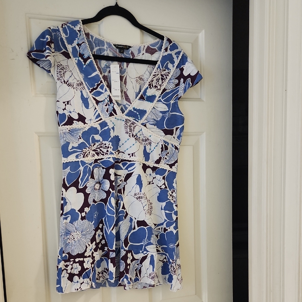 Floral Blue and White Ruched Sundress with Flutter Cap Sleeves